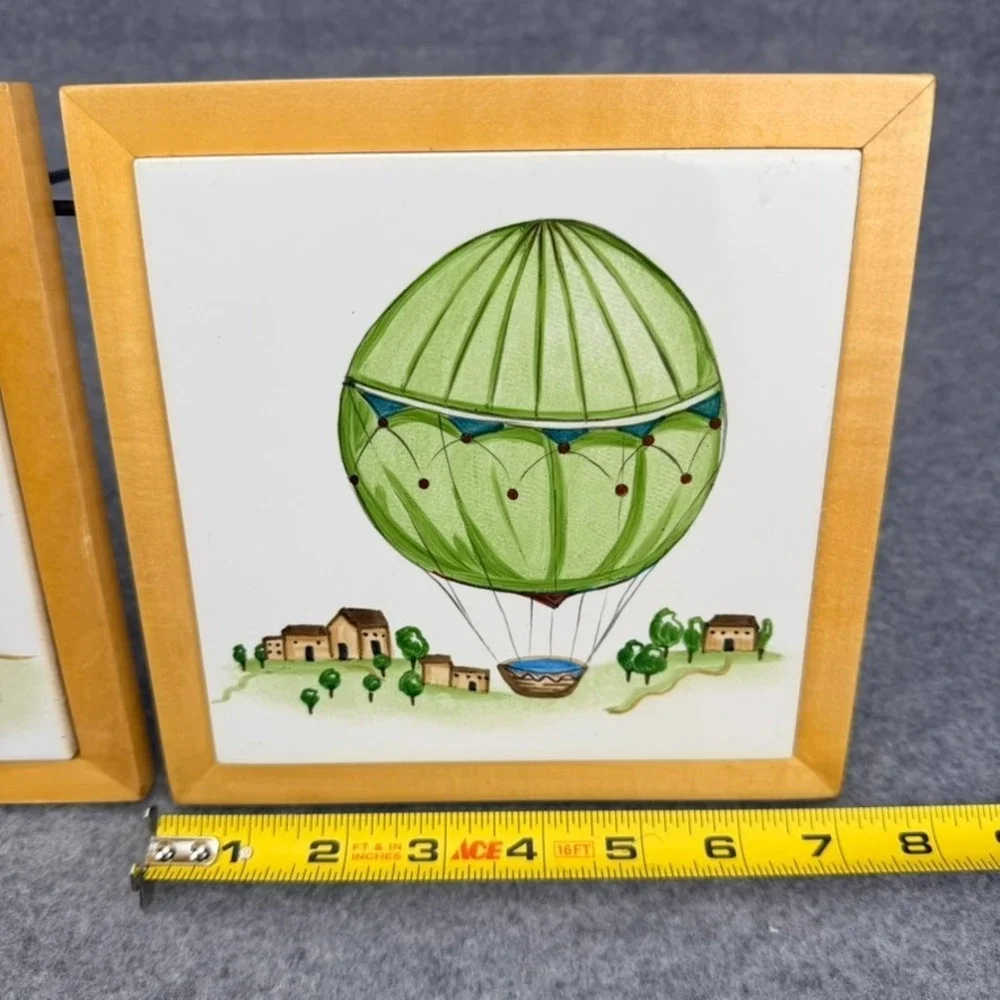 Set of 2 Framed Ceramic Tile Hot Air Balloon Wall Art Decor Green Purple 7x7